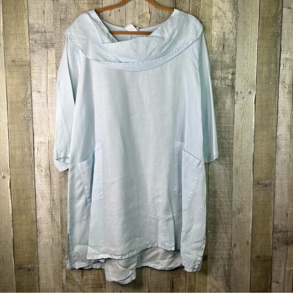 Match Point Linen XL Baby Blue Bertha Collar Tunic with 3/4 Sleeves Front Pocket